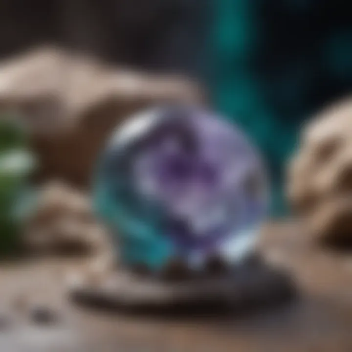 Fluorite crystal ball resting on a bed of natural stone, emphasizing its geological origins.