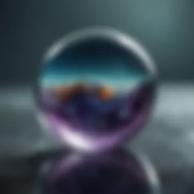 Fluorite crystal ball placed on a reflective surface, enhancing its luminosity.