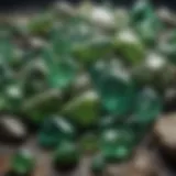 A close-up view of various green crystal stones showcasing their textures and colors