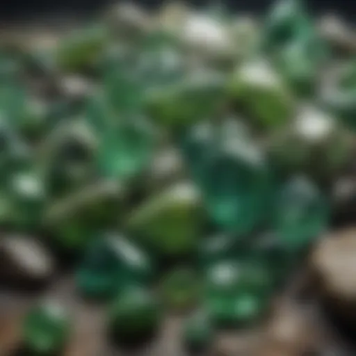 A close-up view of various green crystal stones showcasing their textures and colors