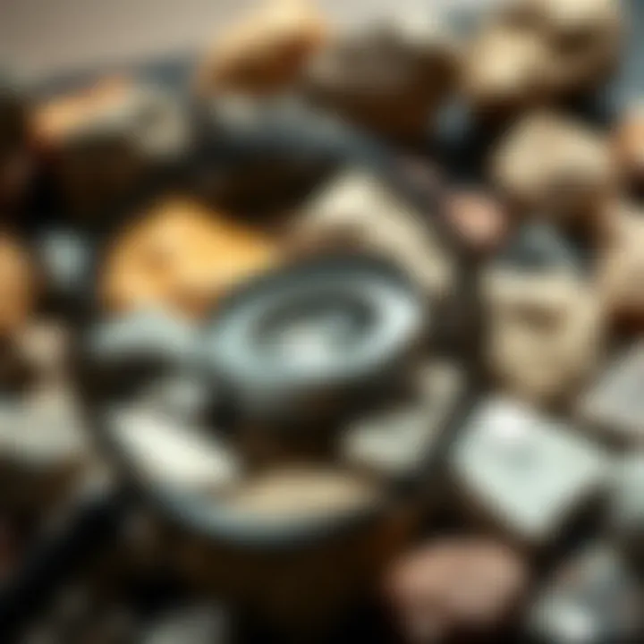 Rock Identification Techniques A magnifying glass over a selection of unique rock samples for identification.