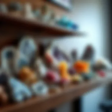 Diverse Mineral Collection A stunning array of mineral specimens displayed on a wooden shelf.