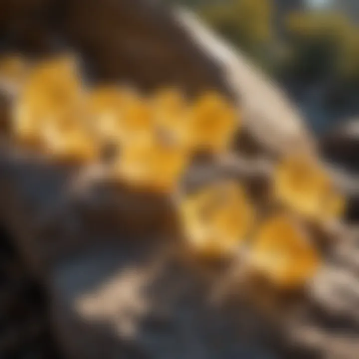 Natural setting featuring yellow see-through crystals embedded in rock formations