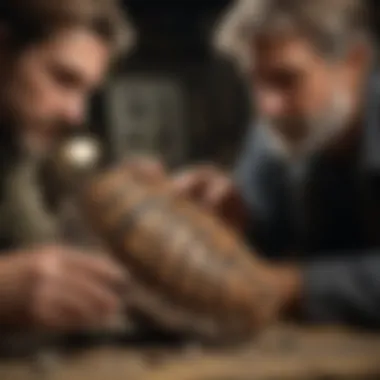 An expert examining a mammoth tooth fossil under proper lighting conditions.