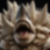 A close-up view of giant shark teeth showcasing their unique structure and patterns.