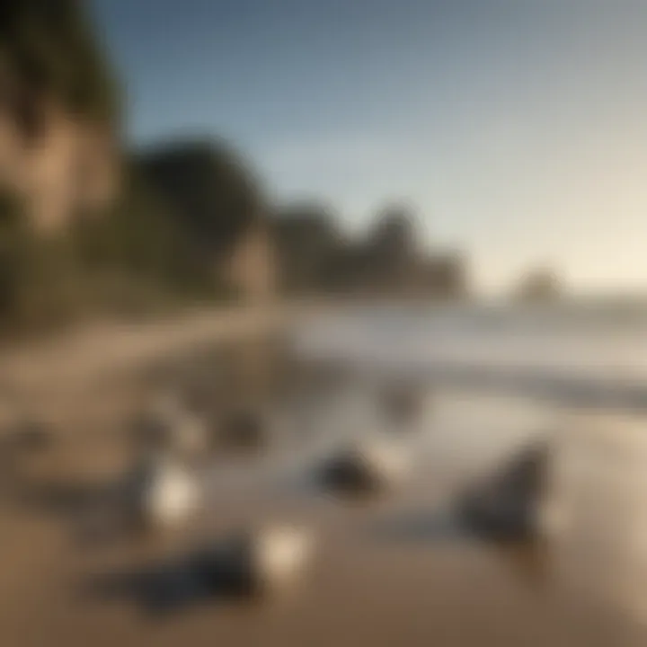 A serene beach location where giant shark teeth can be found along the shoreline.