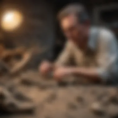 Collector examining pterodactyl fossils in a professional setting