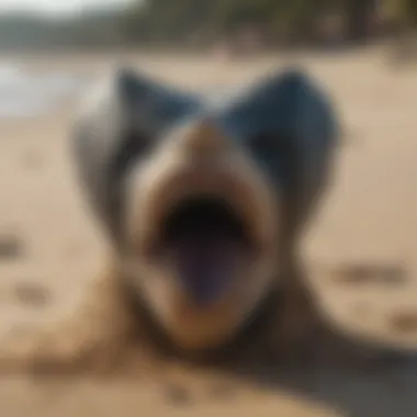 A close-up view of a Megalodon tooth on a sandy beach