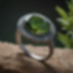 Stunning close-up of a certified moldavite ring showcasing its unique green hue and texture.