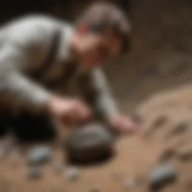 A fossil collector examining a trilobite specimen