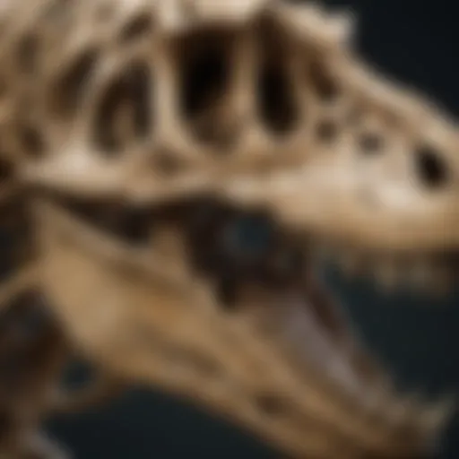 Detailed view of a T. rex skull replica showcasing intricate fossil features