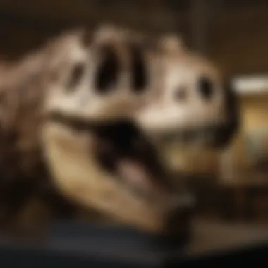 Educational display of T. rex skull replicas in a museum setting