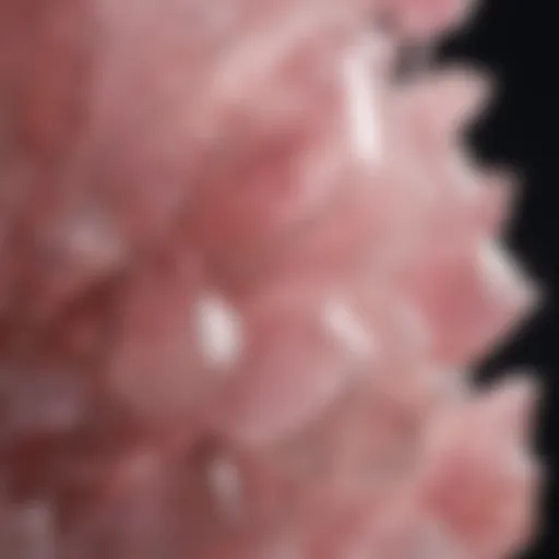 A close-up view of rose quartz showcasing its intricate crystal structures