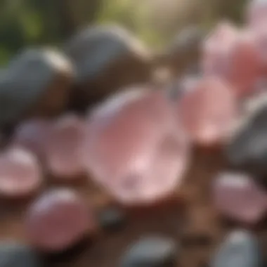 Various shades of rose quartz displayed in a natural setting