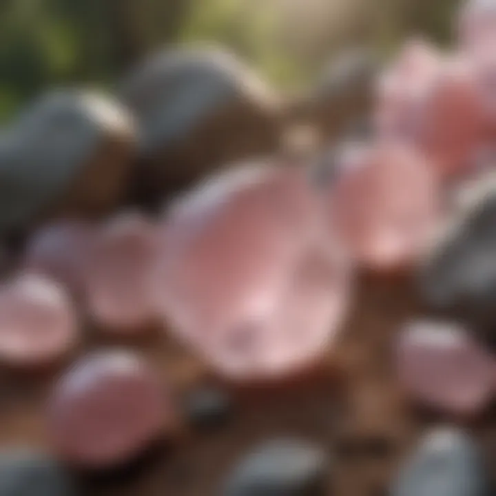 Various shades of rose quartz displayed in a natural setting