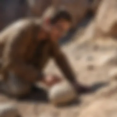 Fieldwork in Paleontology: Examining Fossilized Dinosaur Eggs Paleontologist examining dinosaur eggs at a dig site