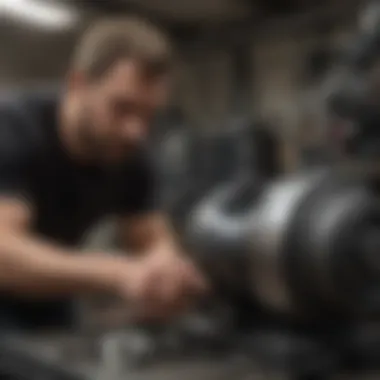 An expert examining the functionality of a vibratory tumbler in a workshop environment.