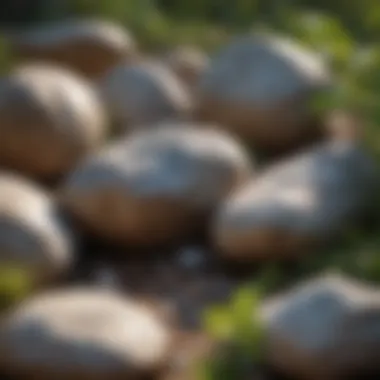 Natural shiny rocks displayed in an outdoor setting surrounded by foliage