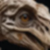 A detailed view of a velociraptor skull replica showcasing its intricate features