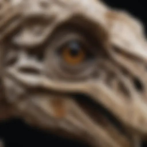 A detailed view of a velociraptor skull replica showcasing its intricate features