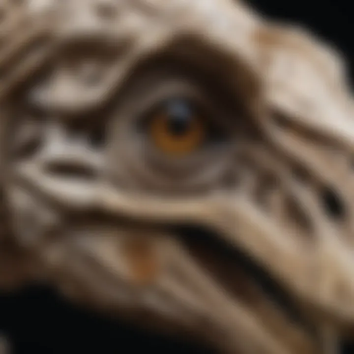 A detailed view of a velociraptor skull replica showcasing its intricate features