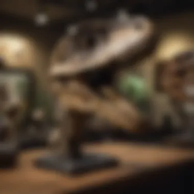 An educational display featuring velociraptor skull replicas in a museum setting