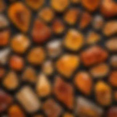 Display of various yellowish orange crystals in a mineral collection