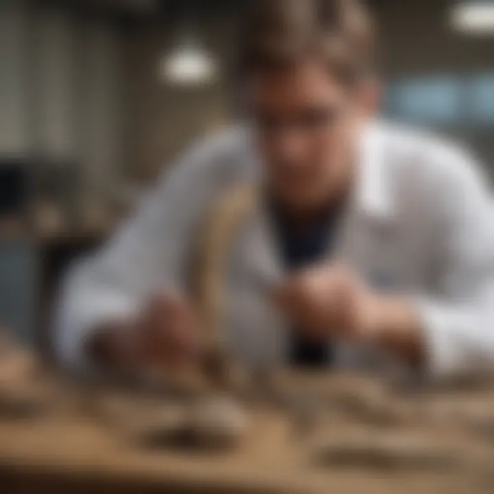 A paleontologist examining a fossilized raptor claw in a lab setting