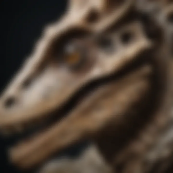 A close-up view of a dinosaur fossil revealing intricate details.