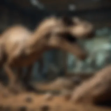 Dinosaur Fossils in a Museum A detailed illustration showing various dinosaur fossils in a natural history museum setting.