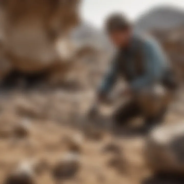 An artistic representation of a paleontologist examining dinosaur bones in an excavation site.