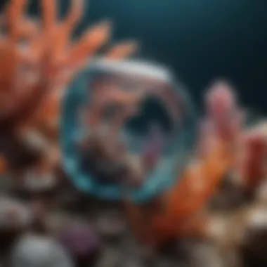 Underwater Gems: Nature's Hidden Wonders An underwater view showcasing gemstones nestled among coral reefs