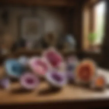 Variety of Geode Types An array of different geode types displayed on a wooden table