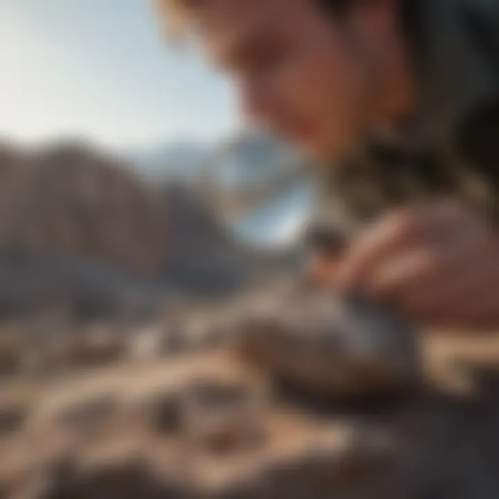 Geologist examining a rock specimen with a hand lens outdoors