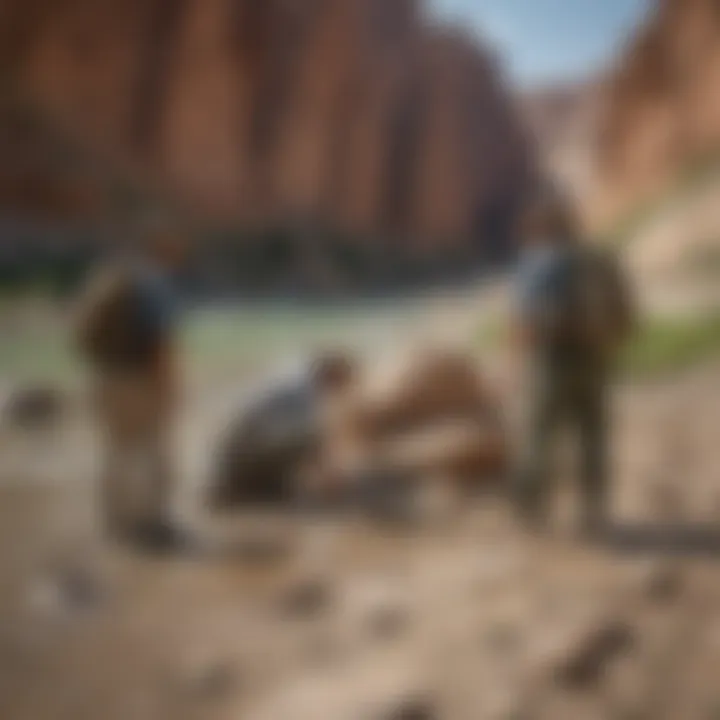 Paleontologists examining fossils