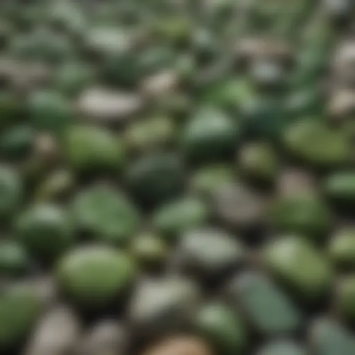 An artistic composition of different types of green rocks arranged aesthetically on a natural surface