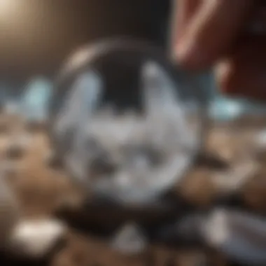 Examining Crystals with Precision A collection of crystals with a magnifying glass emphasizing clarity and details