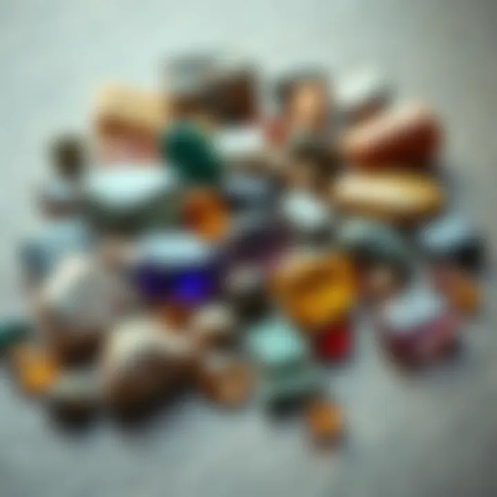 Different semi-precious stones laid out for identification.