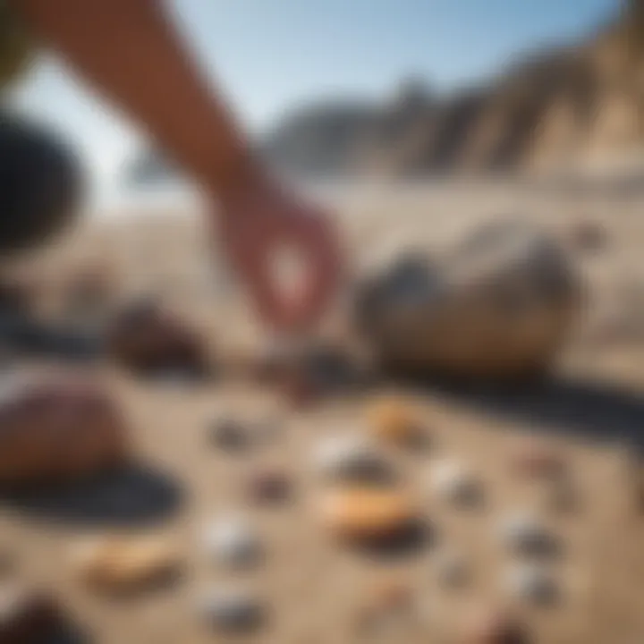 A geologist examining unique rock specimens on a California beach.