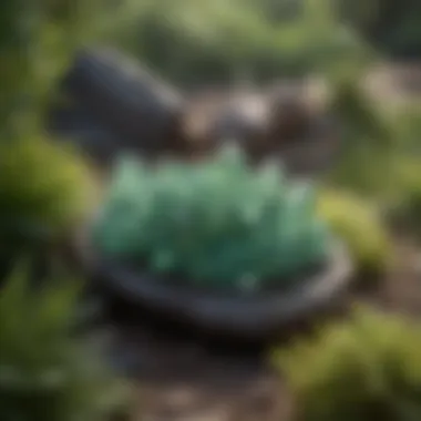Green Crystals in Natural Outdoor Setting A serene outdoor scene featuring green crystals nestled in natural surroundings