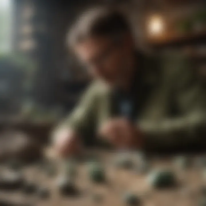 A mineral collector examining various green rocks under natural light