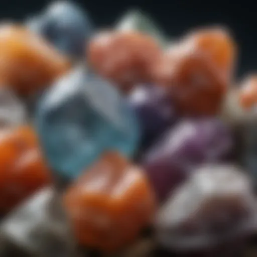 A close-up view of various raw crystals showcasing their unique textures and colors