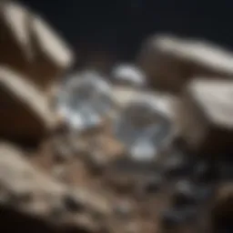 Close-up view of raw diamonds embedded in rocks