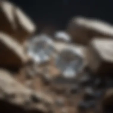 Close-up view of raw diamonds embedded in rocks