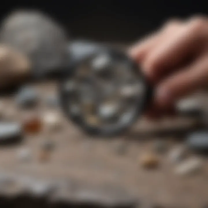 A magnifying glass placed over a raw stone for detailed examination