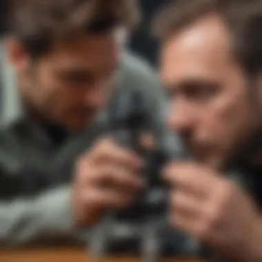 A professional gemologist examining a taaffeite stone under a microscope for detailed analysis.