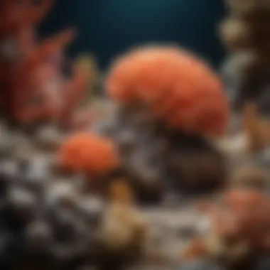 A vibrant underwater scene depicting living coral ecosystems as a contrast to fossilized coral