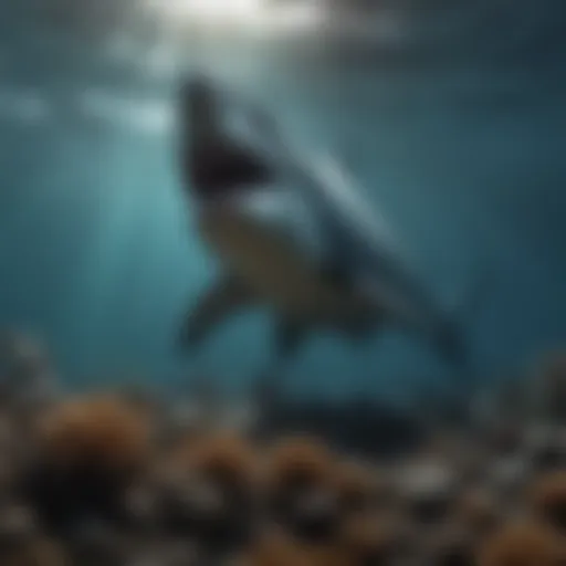 A lifelike representation of a megalodon swimming in ancient oceans