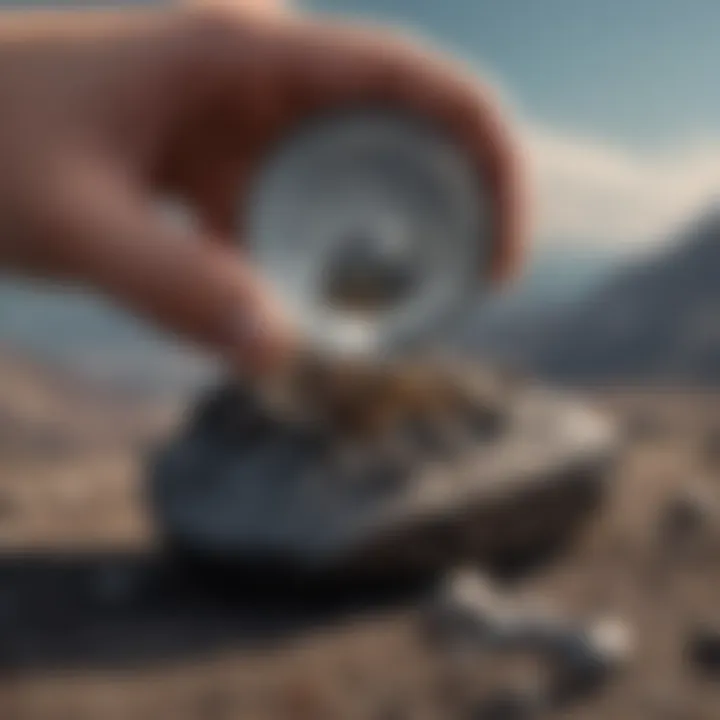 A magnifying glass over a meteorite fragment emphasizing detail and examination