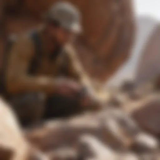 Close-up of a geologist examining rock formations